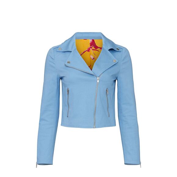 Color Me Courtney Dennis Blue Canvas Crop Biker Moto Jacket Size 4 - Picture 5 of 16